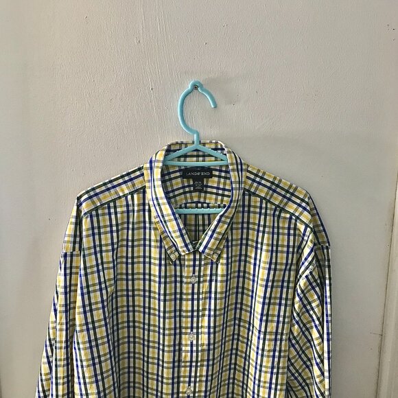 Men's Lands' End Button-Down Plaid Shirt - White/Blue/Yellow- Size 20-36 - Picture 2 of 6